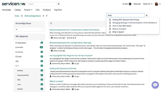 ServiceNow knowledge base screenshot