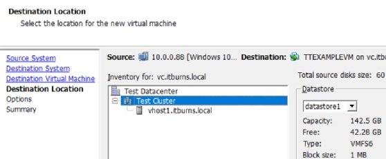 Selected host and datastore location