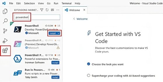 Screenshot of search results for PowerShell extension.