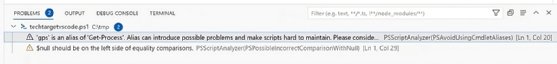 Screenshot showing the problems tab in PowerShell extension.