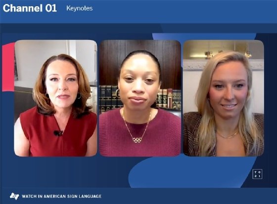 Track star Allyson Felix (middle), Paralympic swimmer Jessica Long (right) and Jackie Yeaney, executive vice president of marketing at Tableau during Tableau Conference 2021.