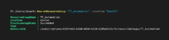 The screenshot shows the resource has been created with the New-AzResourceGroup command.