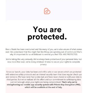 A screenshot of the email women's health app Bellabeat sent to users following the Supreme Court's decision to overturn Roe v. Wade.