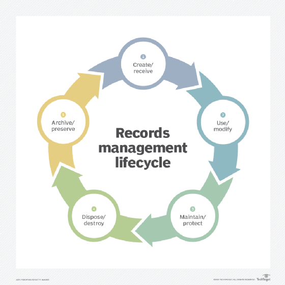 A chart that shows the five main stages of a records management lifecycle, which are create, use, maintain, dispose and archive.