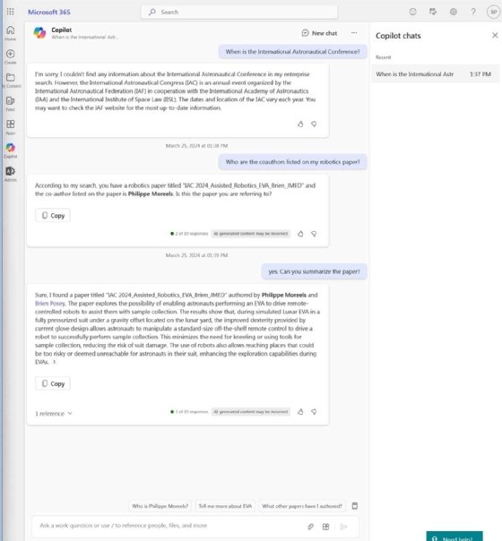 Screenshot of Copilot's responses to prompts that reference the user's documents.