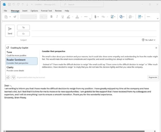 Copilot provides analysis for an email message it generated in Outlook.