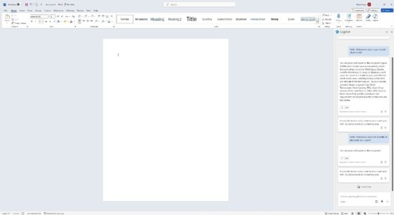 A faulty response in Copilot for Word where the tool was not able to complete the request.