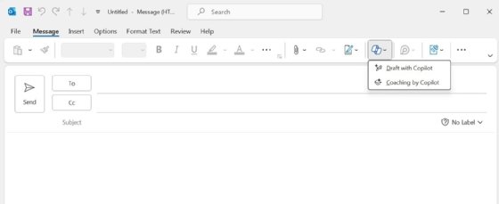 The Outlook option to draft an email with Copilot's help or with its coaching.