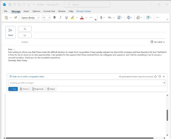Copilot for Outlook demonstrates its ability to generate an email message from a basic prompt.