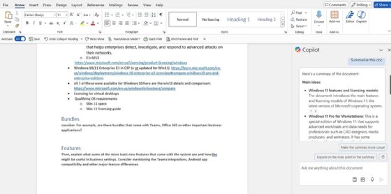 A screenshot of Microsoft Copilot summarizing a Word document on a separate pane.