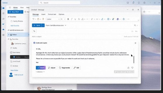 A screenshot of Outlook with a Copilot-drafted email message ready to send.