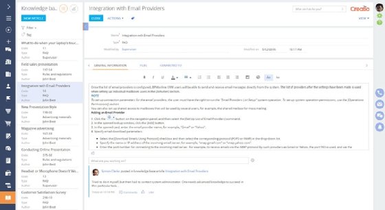 Creatio screenshot of a FAQ question and answer