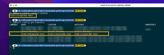 The screenshot displays that the crossplane-test cluster has created the kubeconfig and the current context.