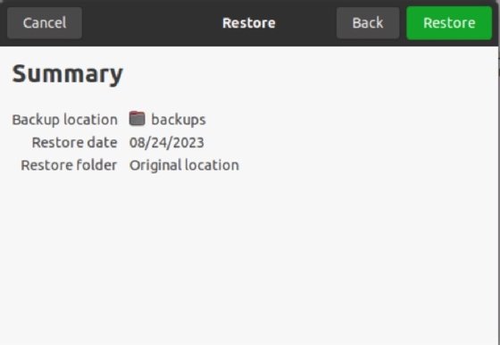 Screenshot of the backup summary listing the location, restore date and restore folder.