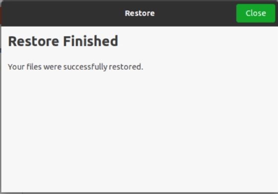 Screenshot of confirmation of the finished restore.