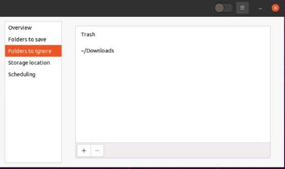 Screenshot of the Folders to ignore pane with Trash and Downloads folders selected.