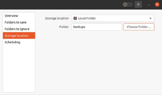 Screenshot of Storage location pane with Local Folder chosen as the destination for backups.