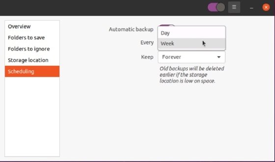 Screenshot of the Scheduling pane displaying daily and weekly automated backup options, set to Keep Forever.