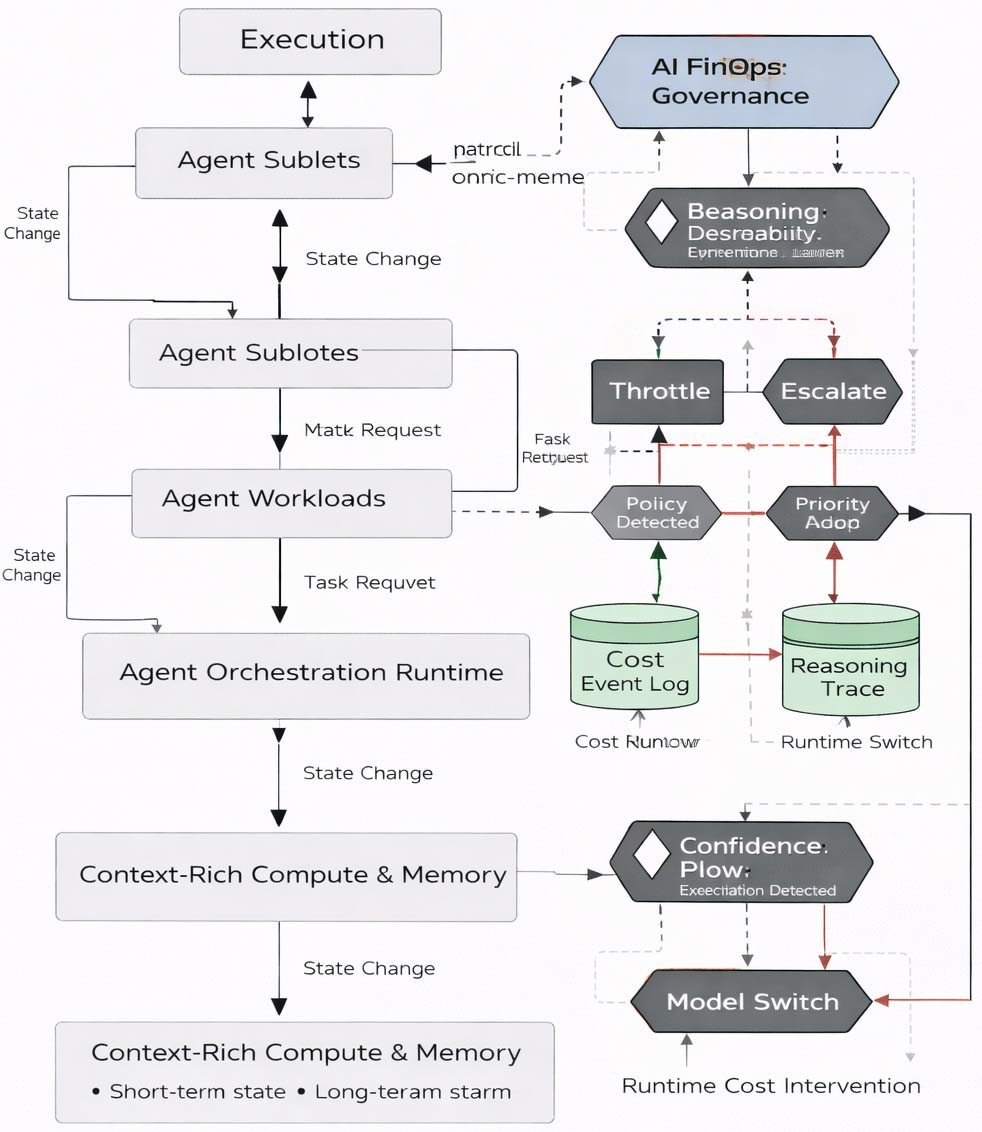 A high-level AI-native enterprise architecture illustrating how context, orchestration, governance, security, and observability layers interact to support autonomous, multi-agent systems at scale.