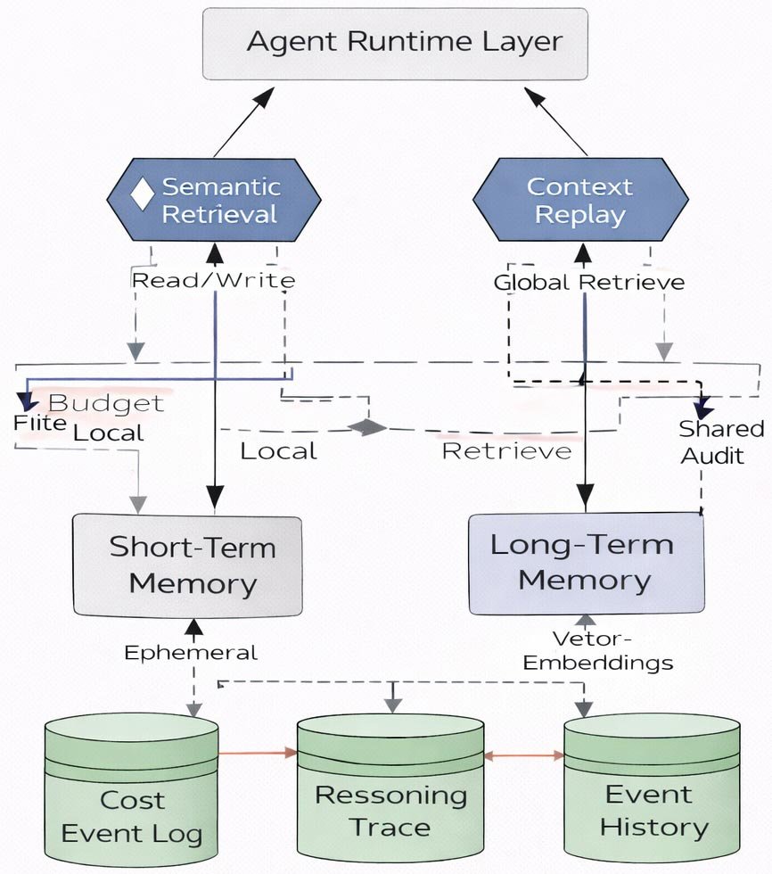 Agent context fabric illustrating short-term memory, long-term vector memory, and durable event history supporting multi-step reasoning and auditability.