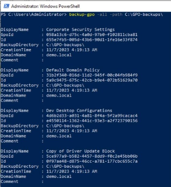 Screenshot of GPO backup process in PowerShell