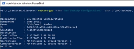 Screenshot of the restore-gpo cmdlet in PowerShell