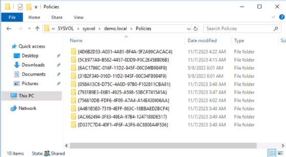 Screenshot of GPO ID numbers in SYSVOL folder