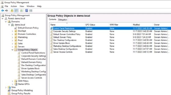 Screenshot Group Policy objects