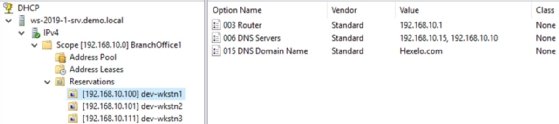 Screenshot of DHCP client reservations.