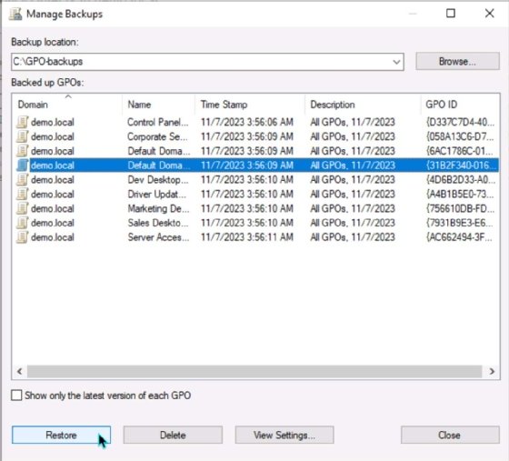 Screenshot of the Manage Backups interface and the Restore option
