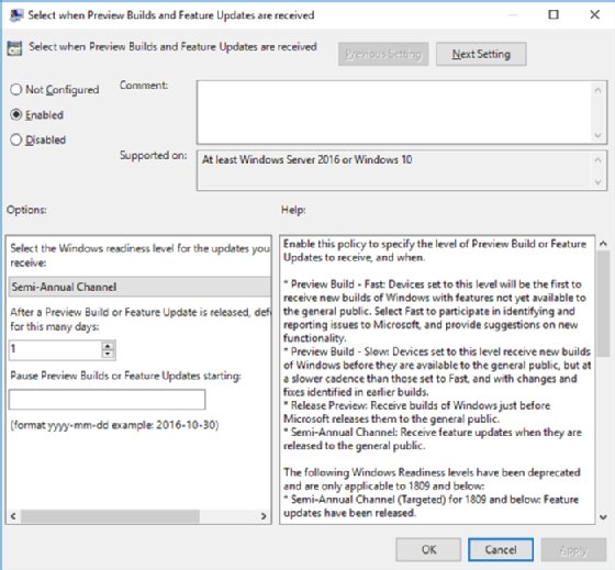 select when Windows preview builds and feature updates are received in WUfB