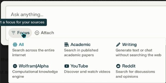 Screenshot of Perplexity AI's Focus feature.