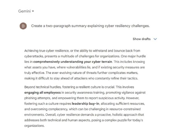 Screenshot of Gemini's content generation response to explain cyber-resiliency challenges.