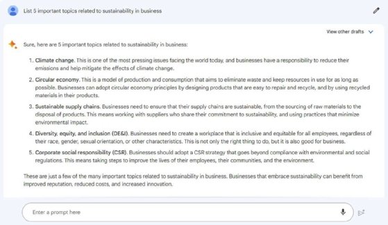 A screenshot of Bard showing how the tool can break topics into subtopics