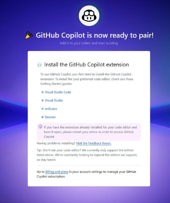 Pantalla que muestra la descarga completa de GitHub Copilot lista para conectarse al editor de código.