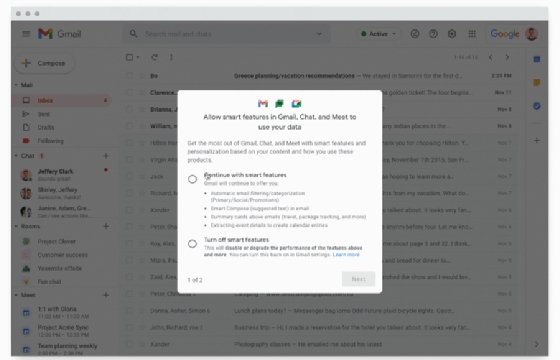 Ecran de désactivation des fonctions intelligentes de Google Workspace