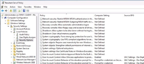 Policies under the 'Security Options' tab in the RSoP console.
