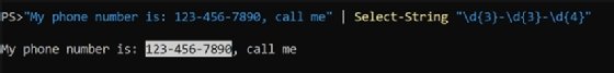 The screenshot shows the output of running a PowerShell command to search a string for occurrences of phone numbers using a regular expression with Select-String.