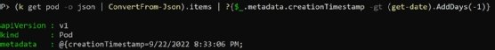 The screenshot shows the results of running a command to find all pods less than one day old.