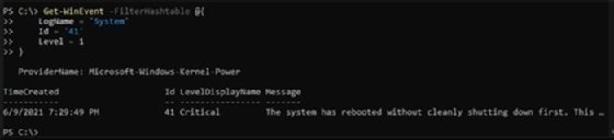 Example screenshot showing the Get-WinEvent output in PowerShell.