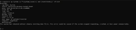 Example screenshot showing event log ID 41 output with the command prompt.