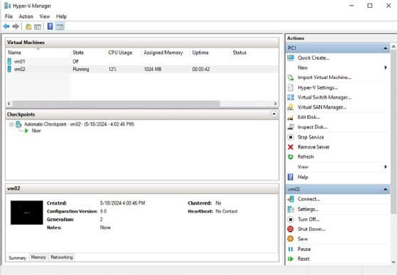 An example of Hyper-V Manager managing two VMs.