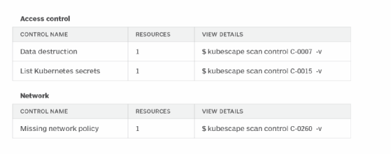 Example of Kubescape identifying three risks across two configuration categories.