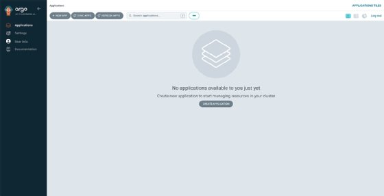 Screenshot of Argo CD application UI with no applications available yet
