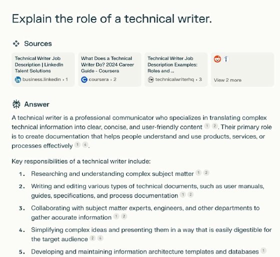 Perplexity AI interface with results for the query 'Explain the role of a technical writer.'