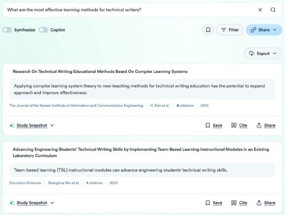 Consensus AI interface with results for the query 'What are the most effective learning methods for technical writers?'