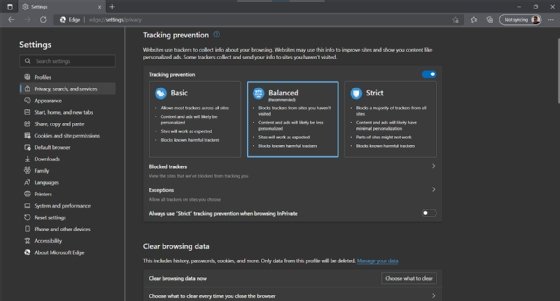 A screenshot of the tracking prevention page under Privacy settings on Edge.