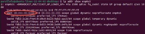 Screenshot of the Linux ip addr command, with the blurred IP address circled.