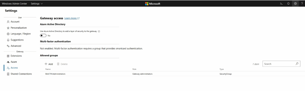 Screenshot vom Aktivieren der Azure AD-Authentifizierung im WAC