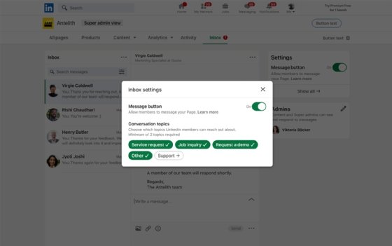 Screenshot of LinkedIn's new Pages Messaging feature, which lets companies direct message each other through their brand's pages for quicker communication.